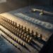 A dim workshop bench in raking light. On one half, dozens of small unmarked brass calibration weights are laid out in exact graduated rows. The other half is swept bare except for a pale dust outline where a matching set once stood, and an empty balance arm with no pan.