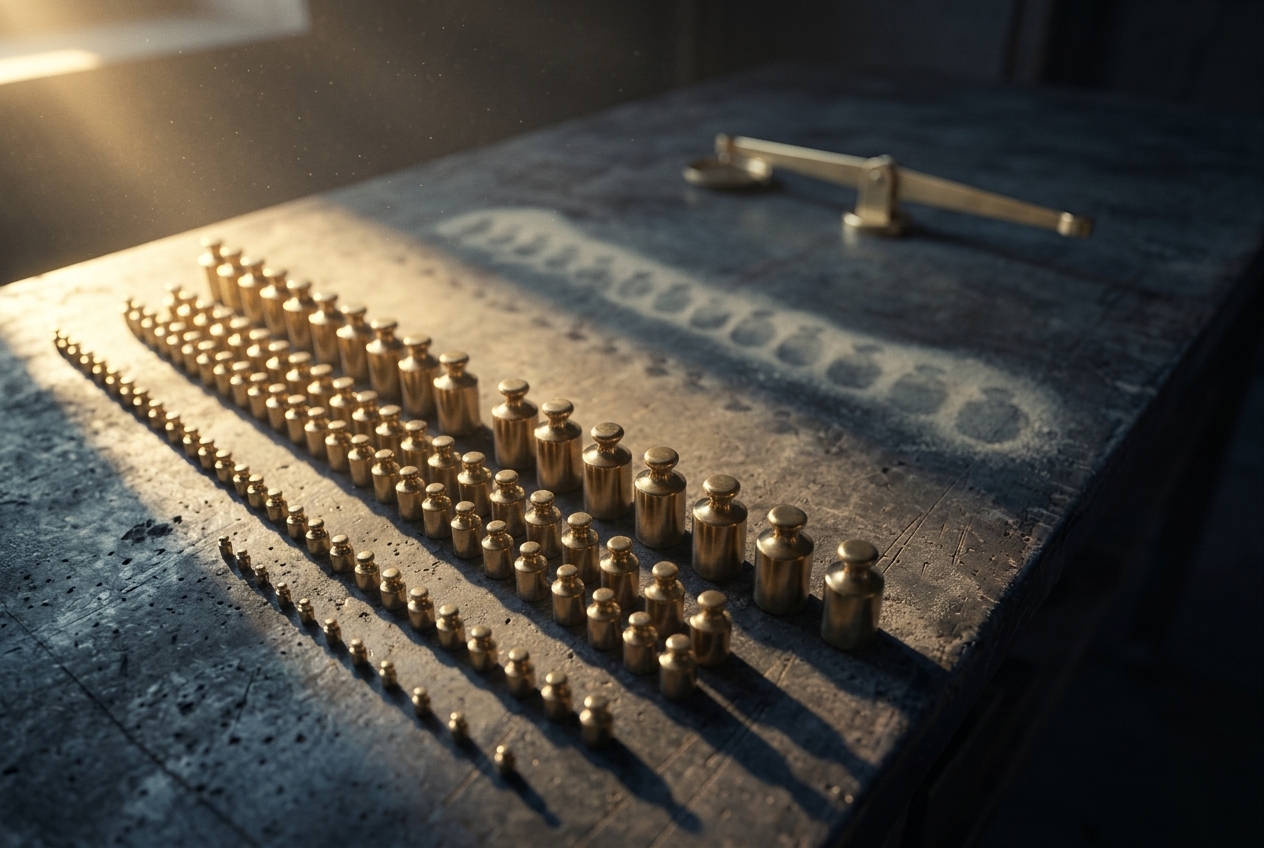 A dim workshop bench in raking light. On one half, dozens of small unmarked brass calibration weights are laid out in exact graduated rows. The other half is swept bare except for a pale dust outline where a matching set once stood, and an empty balance arm with no pan.