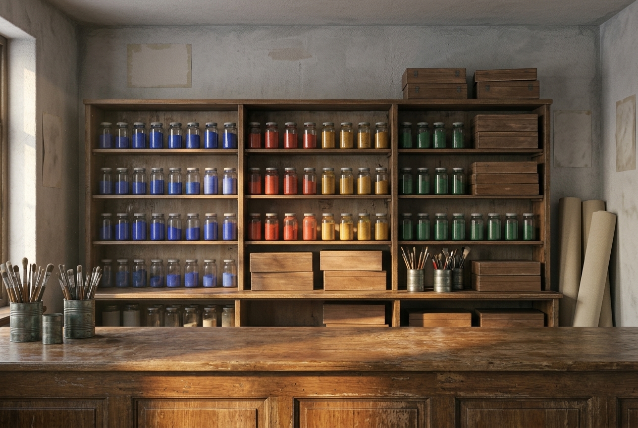 The interior of an old artists materials shop at closing time: a bare polished wooden counter, shelves of unlabelled glass jars of blue, red, yellow and green dry pigment, stacked plain wooden paint boxes, brushes in tin canisters, rolls of blank canvas, and bare plaster walls showing faint pale rectangles where pictures once hung.