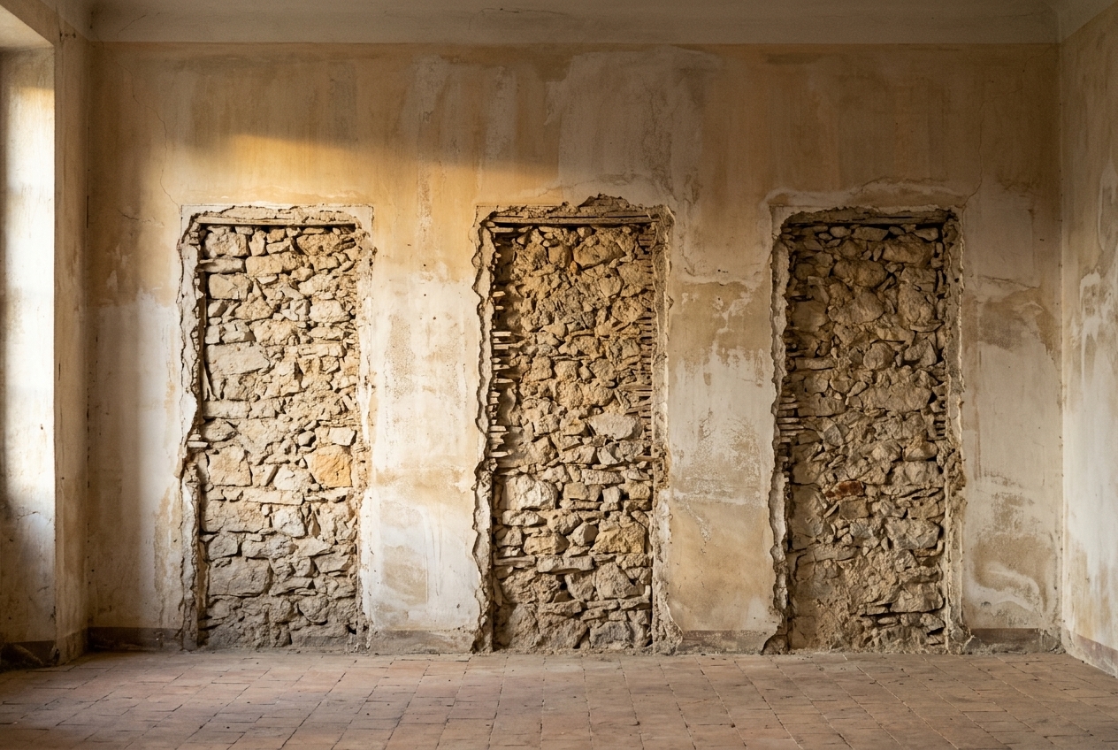 An empty Provencal salon with three tall rectangular voids cut out of the plaster wall, exposing bare stone and lath where painted panels were removed.