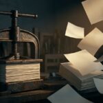 An iron screw press clamping a thick stack of blank sheets on a dark workshop bench, while beside it an identical stack has come apart and its blank pages lift and scatter into the air.