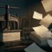 An iron screw press clamping a thick stack of blank sheets on a dark workshop bench, while beside it an identical stack has come apart and its blank pages lift and scatter into the air.