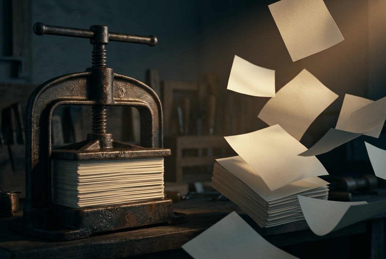 An iron screw press clamping a thick stack of blank sheets on a dark workshop bench, while beside it an identical stack has come apart and its blank pages lift and scatter into the air.